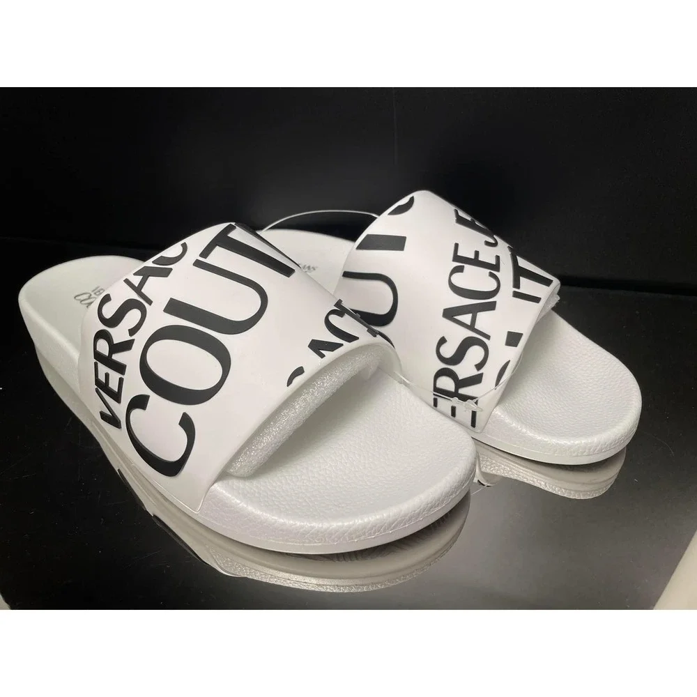 Versace Jeans Couture Mens White Black Logo Slide Sandals Summer Shoes New